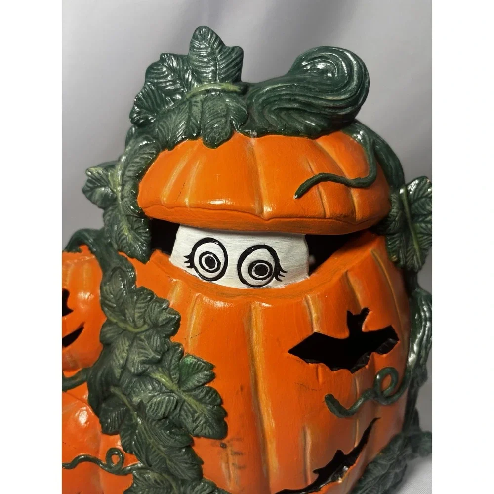 Vintage Ceramic Halloween Pumpkin With Ghost- Double Sided- Lights Up Cord
